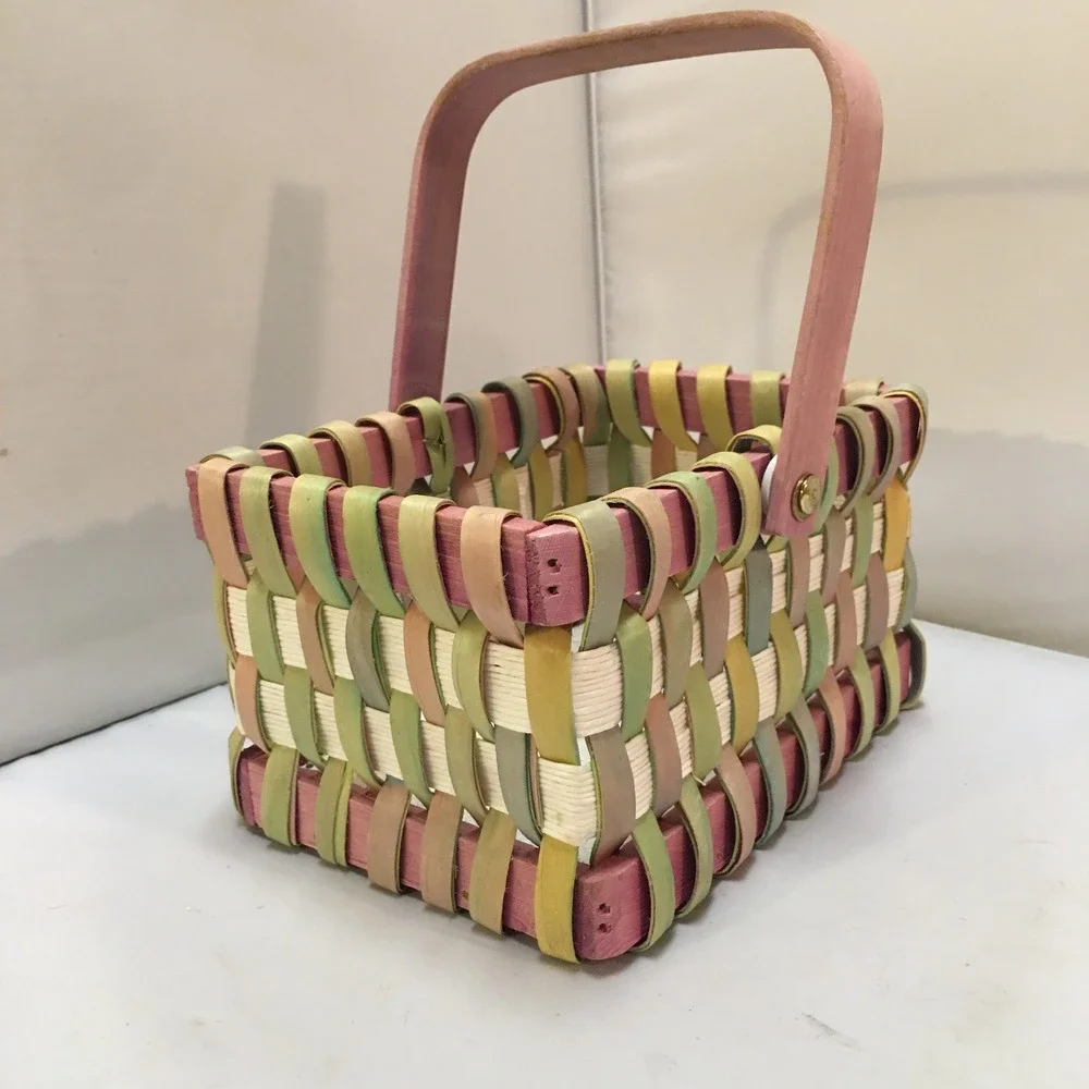 Woven Wood Basket Home Decor Small Multicolor Pastel Spring Swing Handle